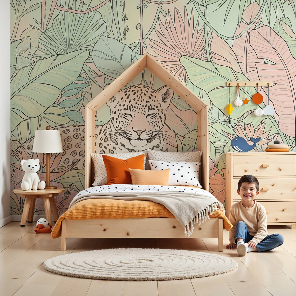 Peaceful leopard jungle mural wallpaper in modern kids nursery by Kids-Mundo
