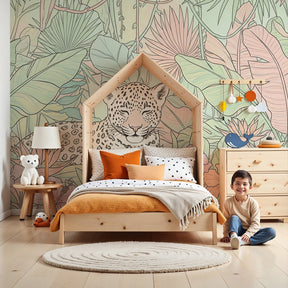 Peaceful leopard jungle mural wallpaper in modern kids nursery by Kids-Mundo