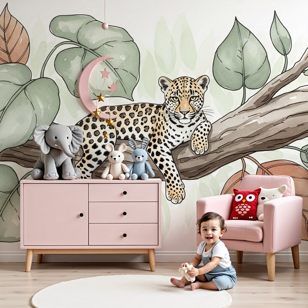 Leopard jungle mural wallpaper creating serene safari nursery decor with natural terracotta tones by Kids-Mundo