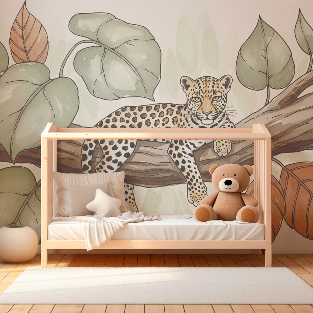 Children's leopard wallpaper in modern playroom setting showcasing terracotta and green nature theme