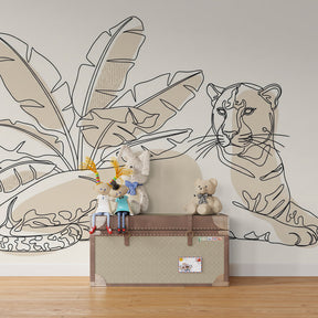 Beige leopard mural wallpaper for children's playroom featuring serene jungle atmosphere
