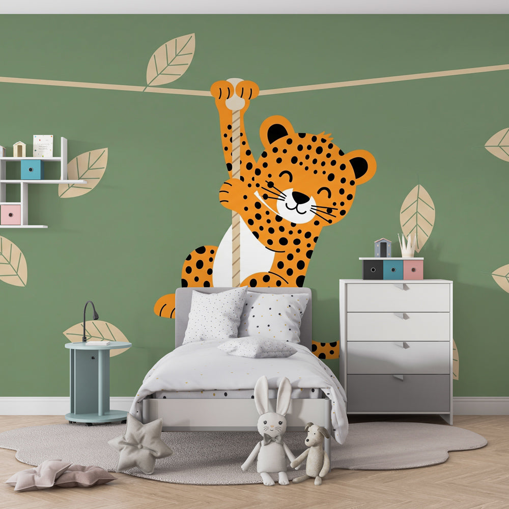Jungle animal mural wallpaper with climbing leopard creating adventurous kids playroom decor