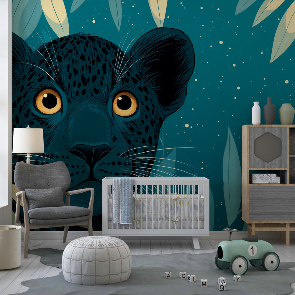 Safari leopard mural wallpaper with starlit jungle theme for kids playroom by Kids-Mundo