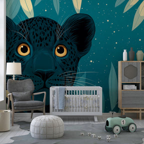 Safari leopard mural wallpaper with starlit jungle theme for kids playroom by Kids-Mundo