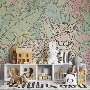 Jungle animal mural wallpaper transforming colorful kids playroom with leopard theme
