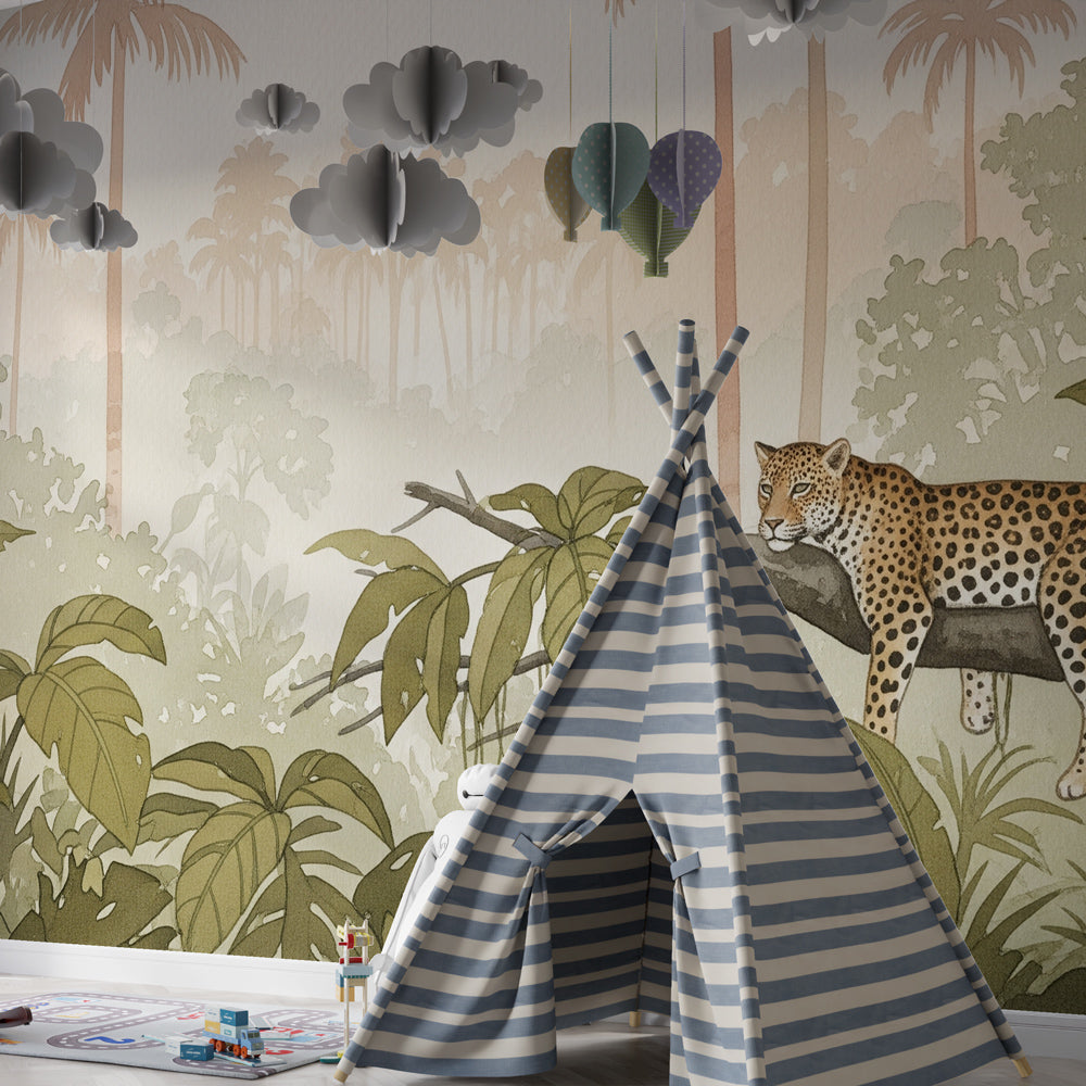 Tropical leopard mural wallpaper inspiring wildlife adventures in kids playroom decor by Kids-Mundo