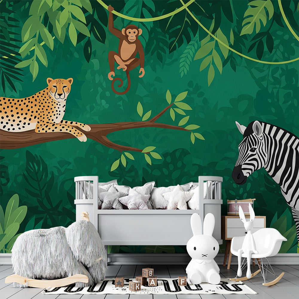 Kids-Mundo leopard, monkey and zebra wall mural covering a wall in a kids bedroom