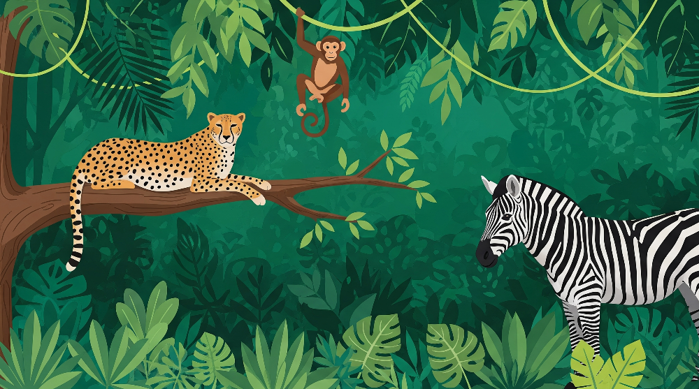 Leopard, Monkey and Zebra Jungle Wall Mural