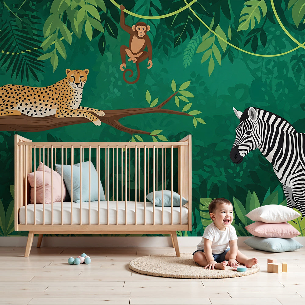 Kids-Mundo leopard and jungle animals wall mural behind a cot in a soft green nursery