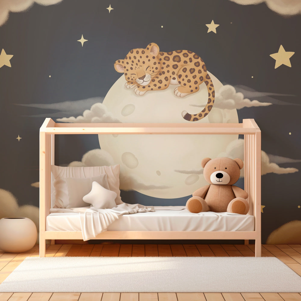 Sleeping leopard on moon mural wallpaper transforming kids room into starlit sanctuary