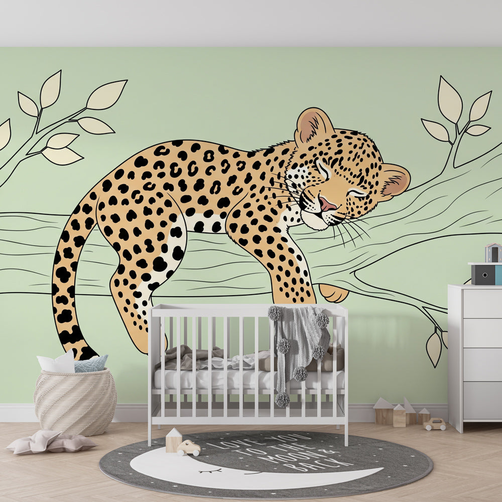 Gentle leopard mural wallpaper transforming toddler bedroom into serene safari sanctuary