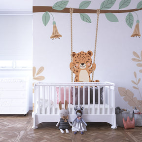 Playful leopard wallpaper with swing design in modern kids bedroom setting by Kids-Mundo