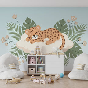 Safari animal wallpaper with sleeping leopard on cloud in modern kids bedroom