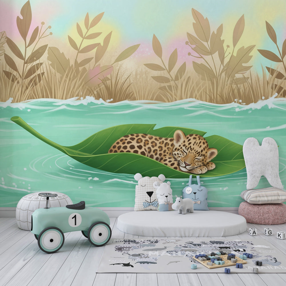 Tropical leopard wallpaper creating serene jungle atmosphere in children's bedroom