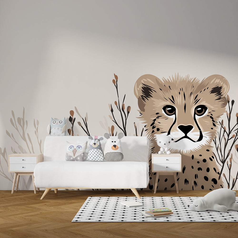 Safari leopard wallpaper creating adventurous children's bedroom atmosphere with botanical elements