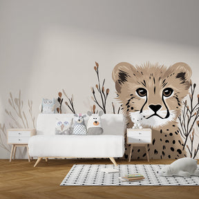 Safari leopard wallpaper creating adventurous children's bedroom atmosphere with botanical elements