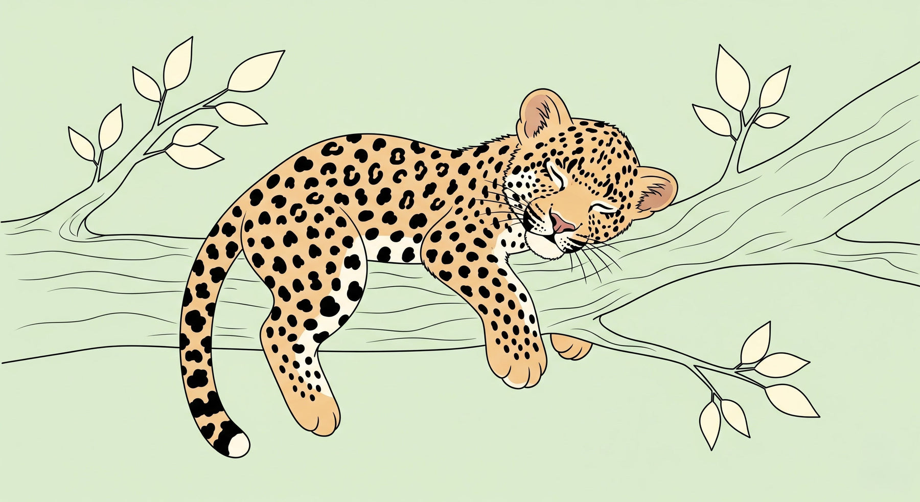 Detailed sleeping leopard mural wallpaper design pattern with botanical branch elements by Kids-Mundo