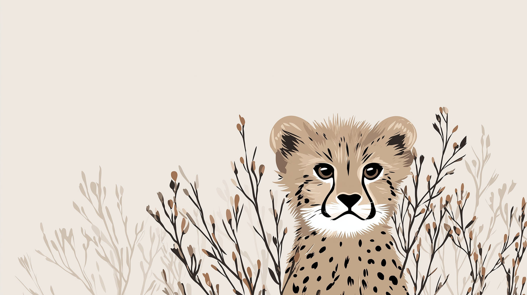 Detailed leopard and botanical plants mural wallpaper design pattern in beige tones by Kids-Mundo