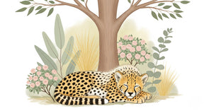 Detailed sleeping leopard mural wallpaper design pattern with safari nature elements by Kids-Mundo