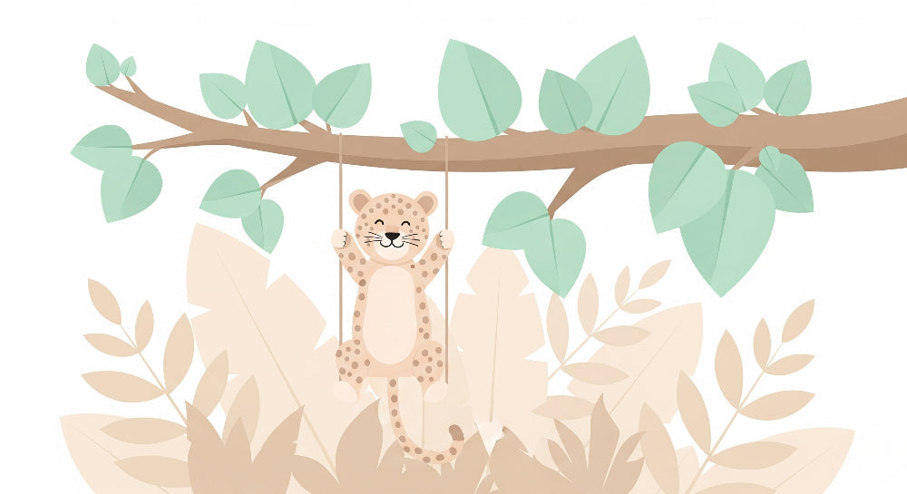 Detailed leopard swing safari mural wallpaper design pattern with pastel foliage by Kids-Mundo