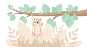 Detailed leopard swing safari mural wallpaper design pattern with pastel foliage by Kids-Mundo