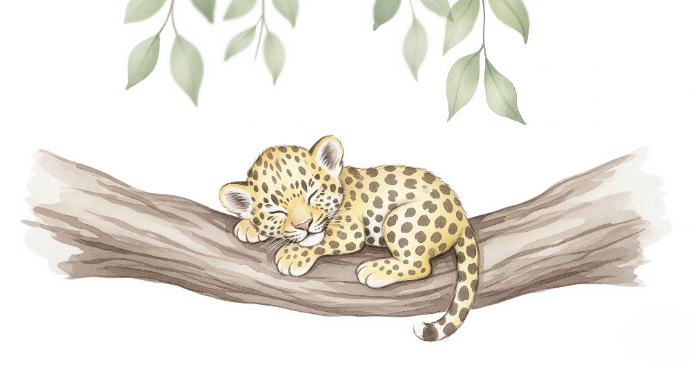 Detailed sleeping leopard mural wallpaper design pattern showing baby leopard on branch by Kids-Mundo
