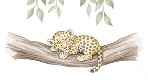 Detailed sleeping leopard mural wallpaper design pattern showing baby leopard on branch by Kids-Mundo