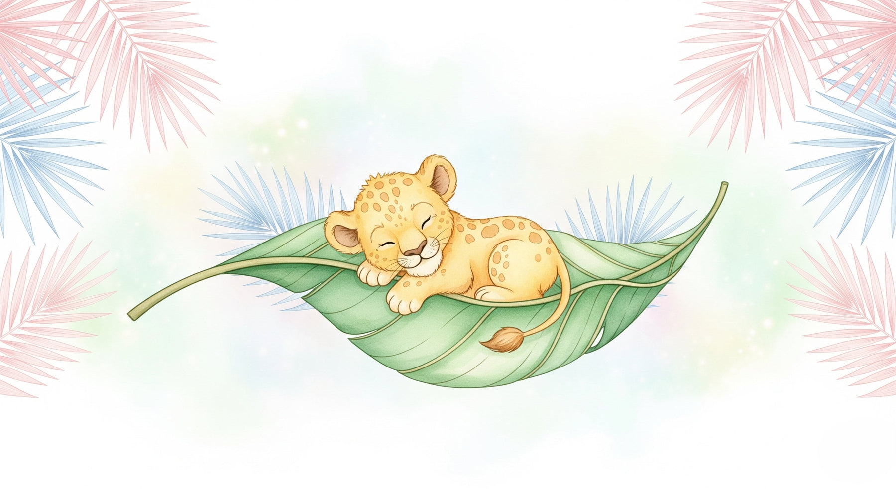 Detailed sleeping leopard and botanical leaves mural wallpaper design pattern by Kids-Mundo