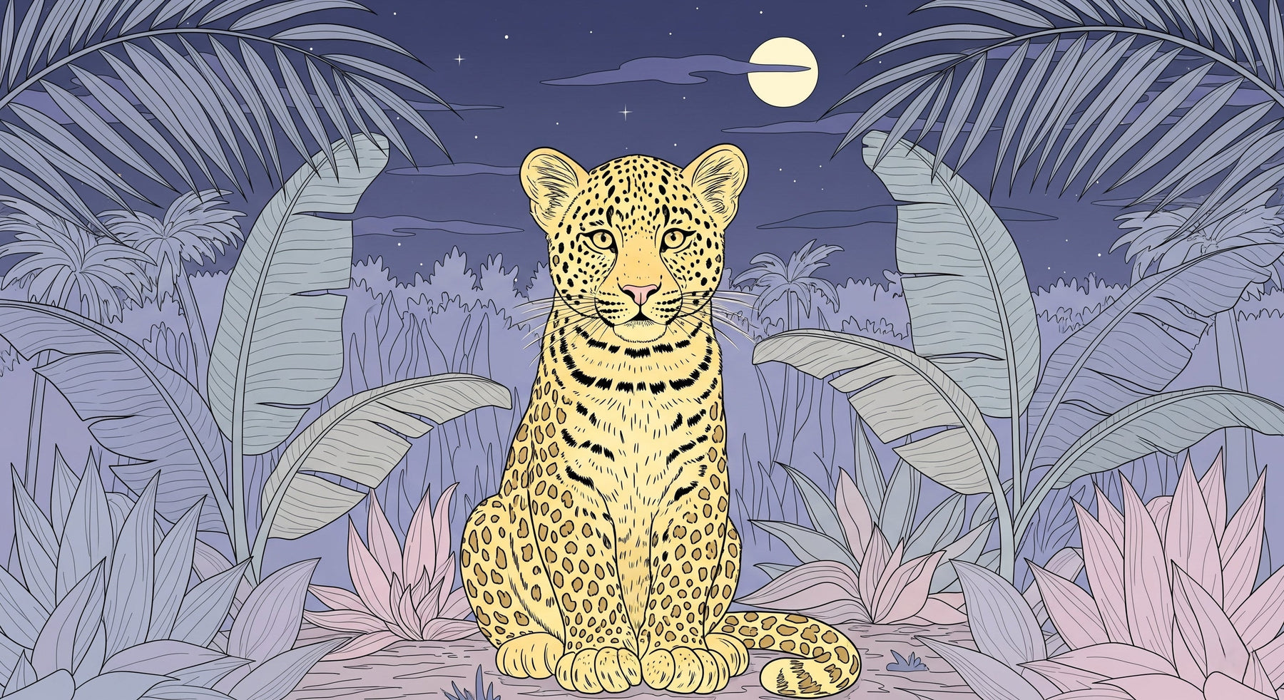 Detailed leopard jungle mural wallpaper design pattern with moon and tropical foliage by Kids-Mundo