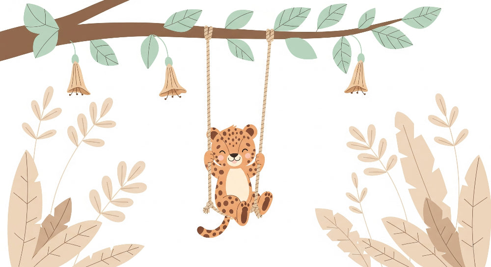 Detailed leopard swing mural wallpaper design pattern with foliage by Kids-Mundo