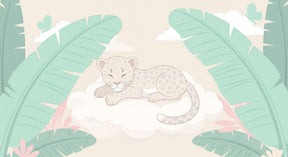 White leopard tropical mural wallpaper design pattern with leaves and flowers by Kids-Mundo