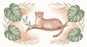 Detailed peaceful leopard mural wallpaper design pattern with tropical leaves by Kids-Mundo