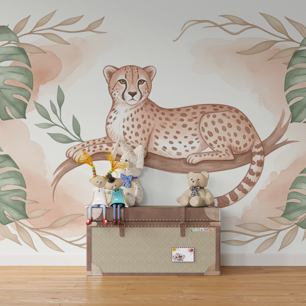 Safari themed leopard mural wallpaper with lush foliage for kids room decor