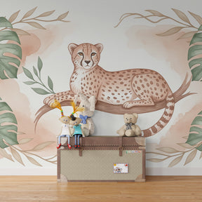 Safari themed leopard mural wallpaper with lush foliage for kids room decor
