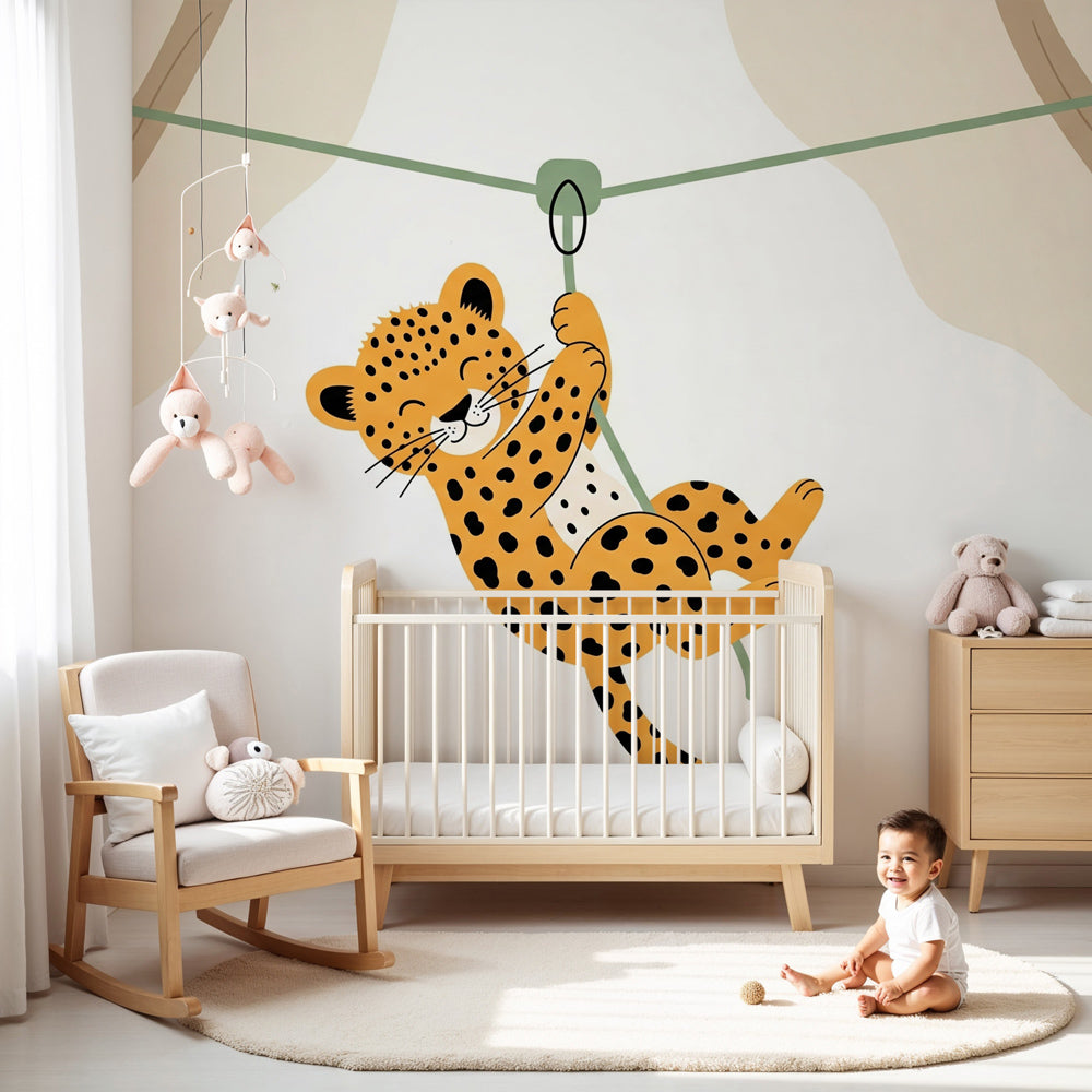 Happy leopard mural wallpaper creating adventurous jungle nursery decor by Kids-Mundo