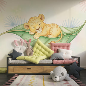 Peaceful animal mural wallpaper with palm fronds creating dreamy jungle atmosphere for children