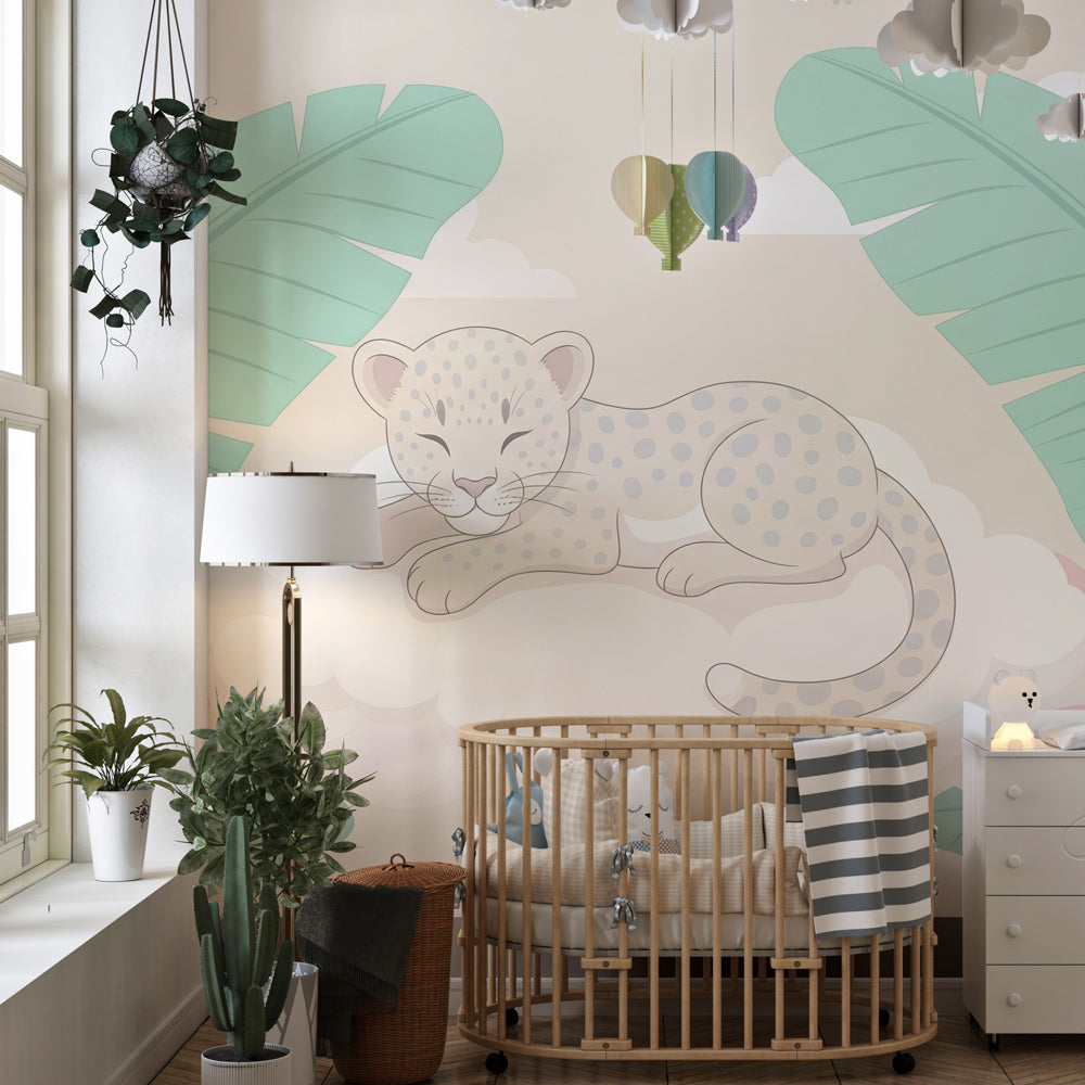 Peaceful leopard wallpaper creating serene tropical atmosphere in children's bedroom decor