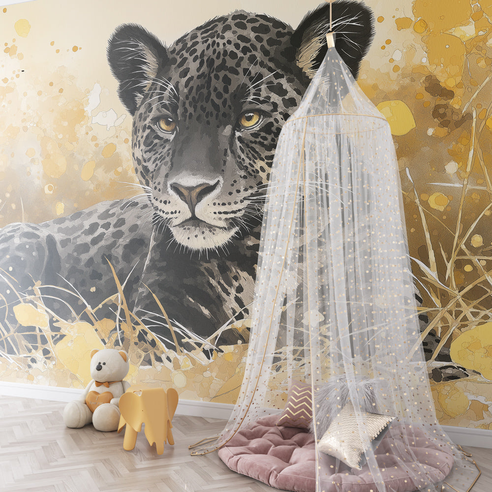 Majestic leopard wallpaper transforming children's bedroom into wildlife adventure space