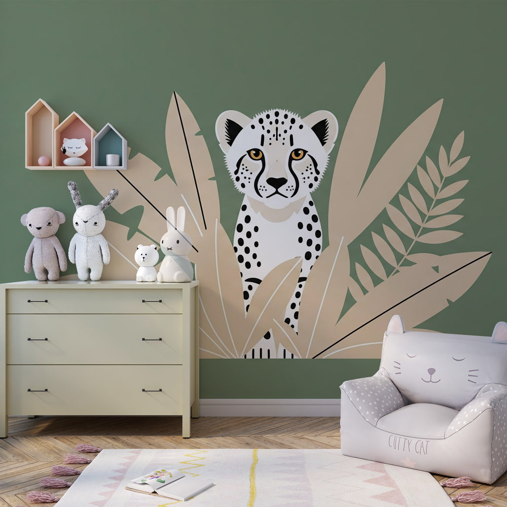 Tropical animal mural wallpaper with white leopard and beige foliage for kids room