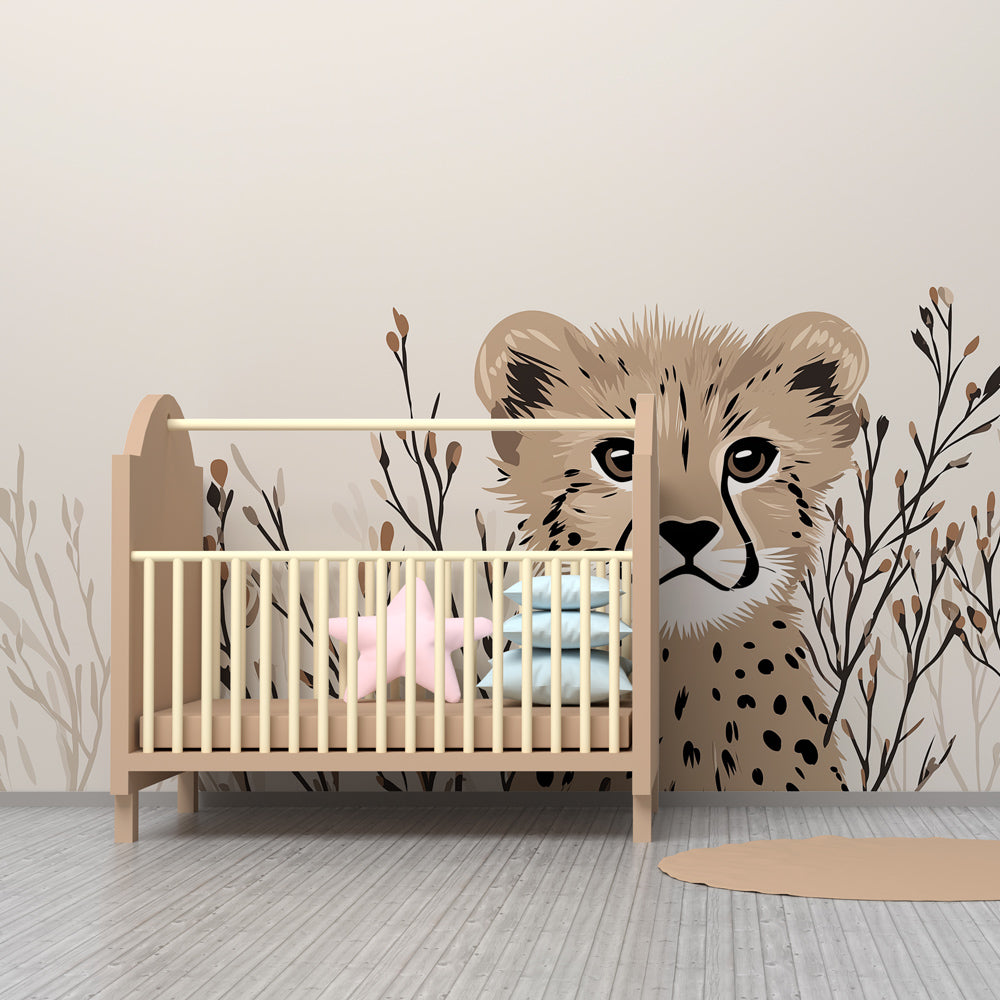 Animal themed mural wallpaper featuring leopard in plants for cozy kids room by Kids-Mundo