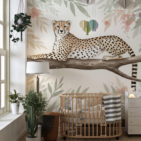 Jungle animal mural wallpaper featuring majestic leopard in natural kids room setting