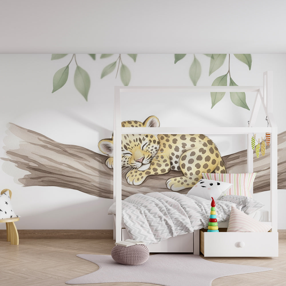 Wildlife leopard mural wallpaper transforming toddler room into jungle sanctuary