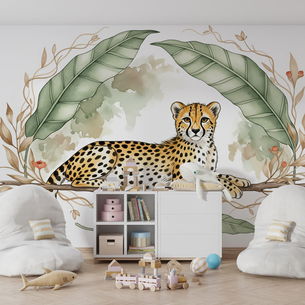 Safari animal mural wallpaper featuring serene leopard in kids room setting by Kids-Mundo