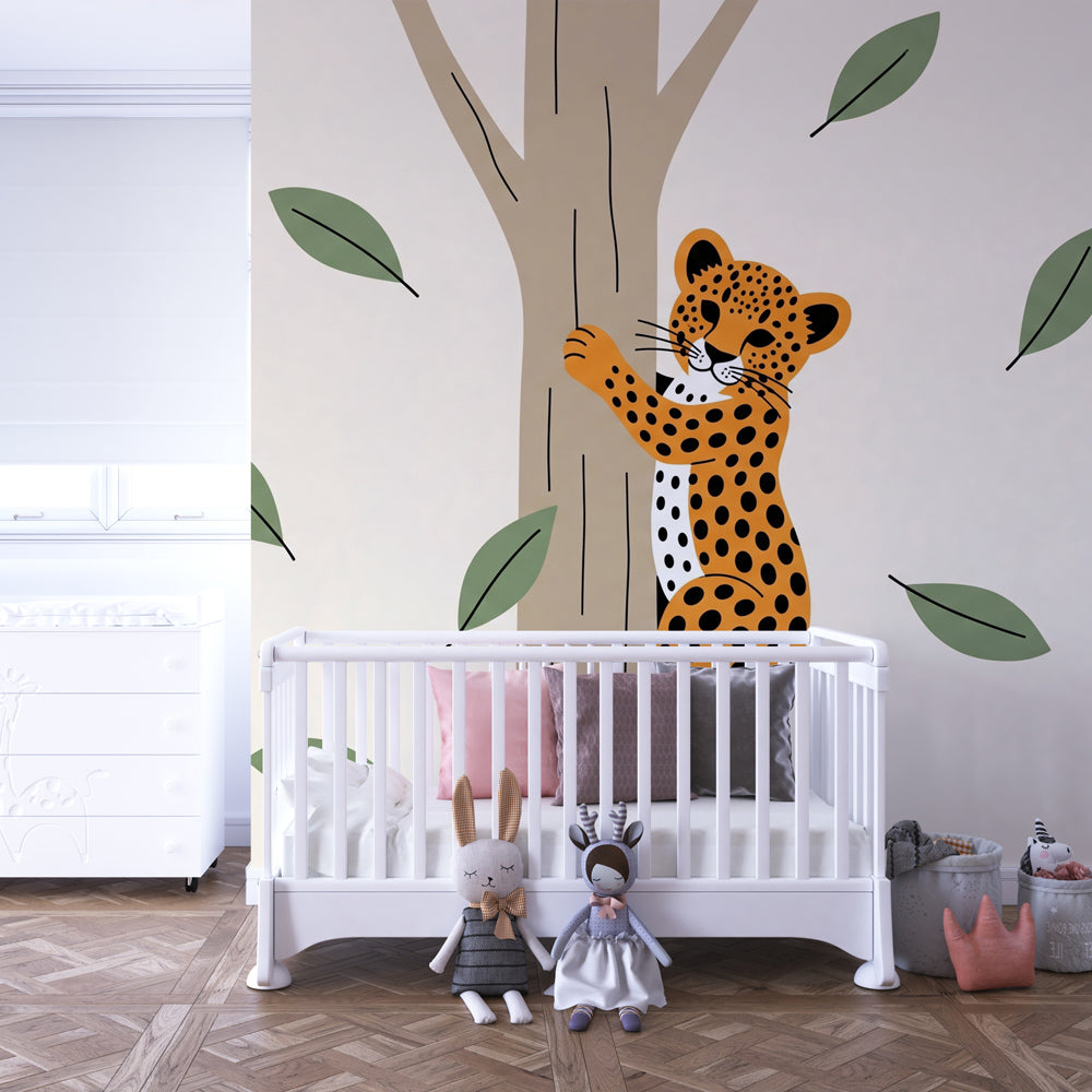 Safari leopard mural wallpaper with green foliage for kids room by Kids-Mundo