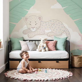 White leopard tropical mural wallpaper in modern nursery with natural wood crib by Kids-Mundo