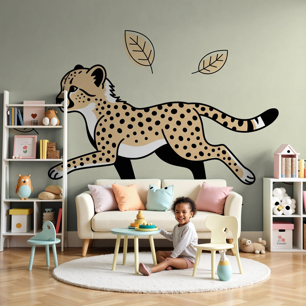 Leopard mural wallpaper creating adventurous nursery decor with warm earth tones by Kids-Mundo