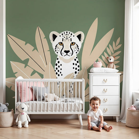 White leopard mural wallpaper with sage green foliage in modern kids nursery by Kids-Mundo