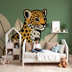 Tropical leopard mural wallpaper decorating modern nursery with natural wood crib by Kids-Mundo