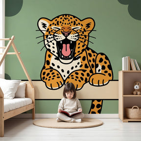 Leopard mural wallpaper creating magical jungle nursery decor with playful spotted cat design by Kids-Mundo