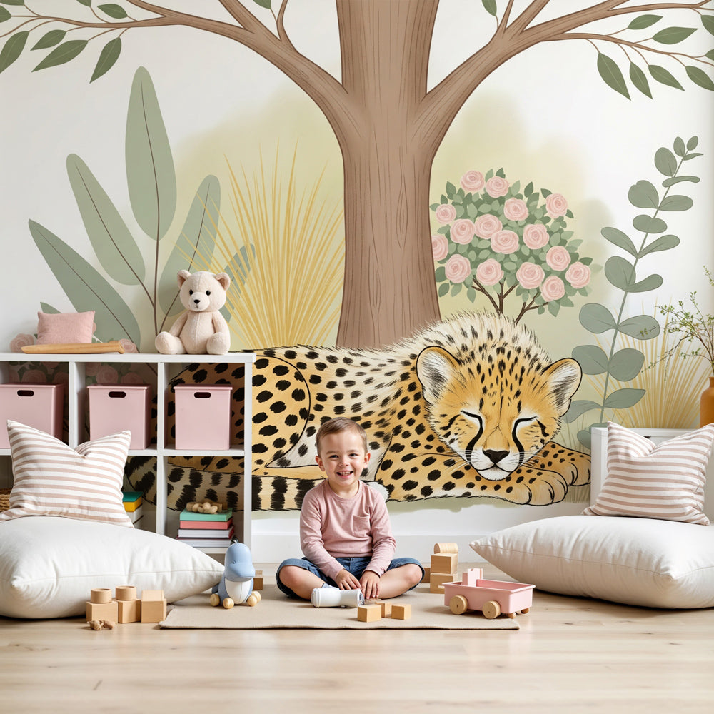 Sleeping leopard mural wallpaper creating peaceful safari nursery decor by Kids-Mundo